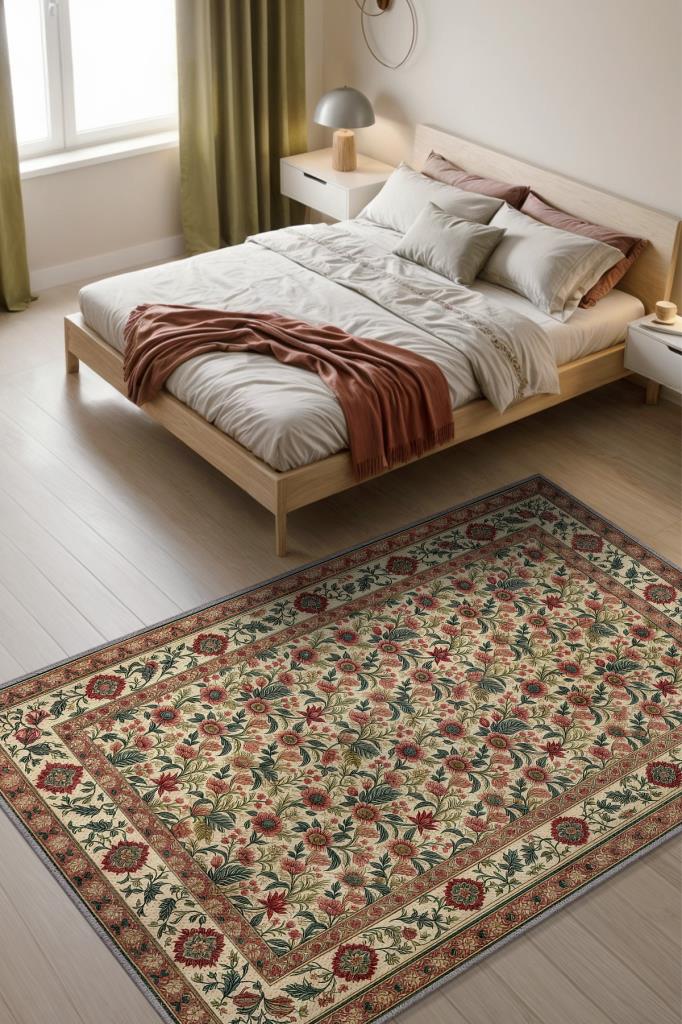 Klasik Tarz Çiçek Desenli Salon Halısı, Krem Yeşil Kırmızı Halı, Maksimalist Ev Dekoru, Yıkanabilir Dokuma Pamuk Tabanlı Kaymaz Tabanlı Halı