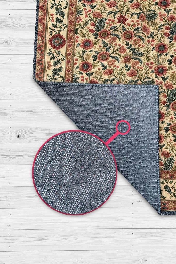 Klasik Tarz Çiçek Desenli Salon Halısı, Krem Yeşil Kırmızı Halı, Maksimalist Ev Dekoru, Yıkanabilir Dokuma Pamuk Tabanlı Kaymaz Tabanlı Halı