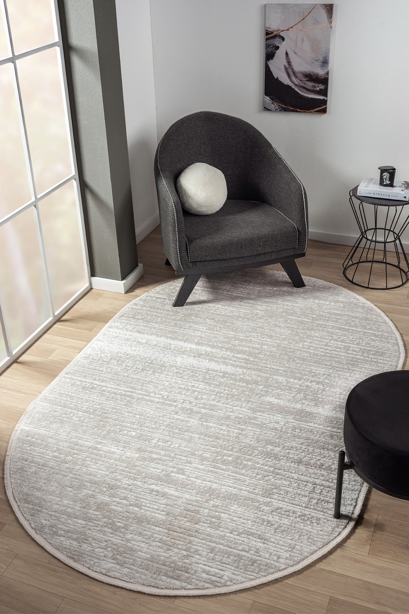Konfor Jasmine 1452 Oval Cream Beige Modern Woven Fringed Rug for Kitchen, Living Room, and Sitting Room