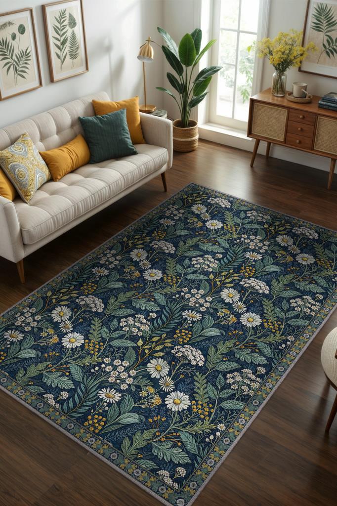 Maximilast Rug Dark Floral Maximalist Rug, Daisy Garden Themed Living Room Rug, Sooth ...