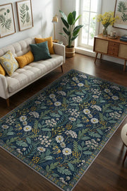 Koyu Renkli Çiçekli Maksimalist Halı, Papatya Bahçesi Temalı Oturma Odası Halısı, Huzur Verici Oda Dekoru