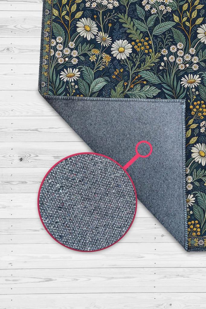 Koyu Renkli Çiçekli Maksimalist Halı, Papatya Bahçesi Temalı Oturma Odası Halısı, Huzur Verici Oda Dekoru