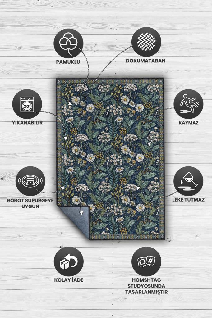 Koyu Renkli Çiçekli Maksimalist Halı, Papatya Bahçesi Temalı Oturma Odası Halısı, Huzur Verici Oda Dekoru