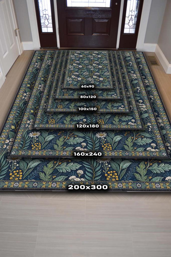 Koyu Renkli Çiçekli Maksimalist Halı, Papatya Bahçesi Temalı Oturma Odası Halısı, Huzur Verici Oda Dekoru