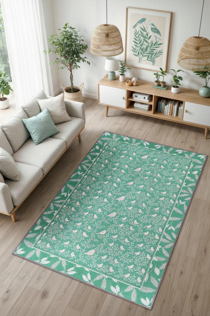 Kuş Motifli Ve Yaprak Desenli Pastel Orman Yeişili Oturm Odası Halısı, Bağ Evi Dekoru, Yıkanabilir Sanatsal Halı