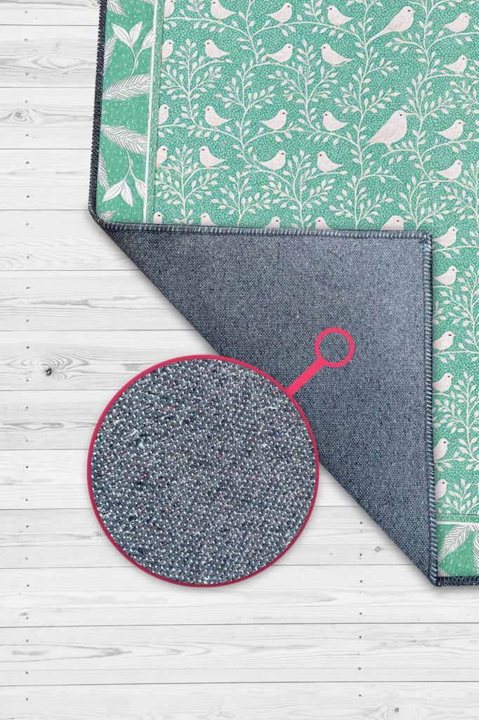 Kuş Motifli Ve Yaprak Desenli Pastel Orman Yeişili Oturm Odası Halısı, Bağ Evi Dekoru, Yıkanabilir Sanatsal Halı