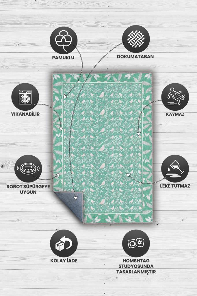 Kuş Motifli Ve Yaprak Desenli Pastel Orman Yeişili Oturm Odası Halısı, Bağ Evi Dekoru, Yıkanabilir Sanatsal Halı