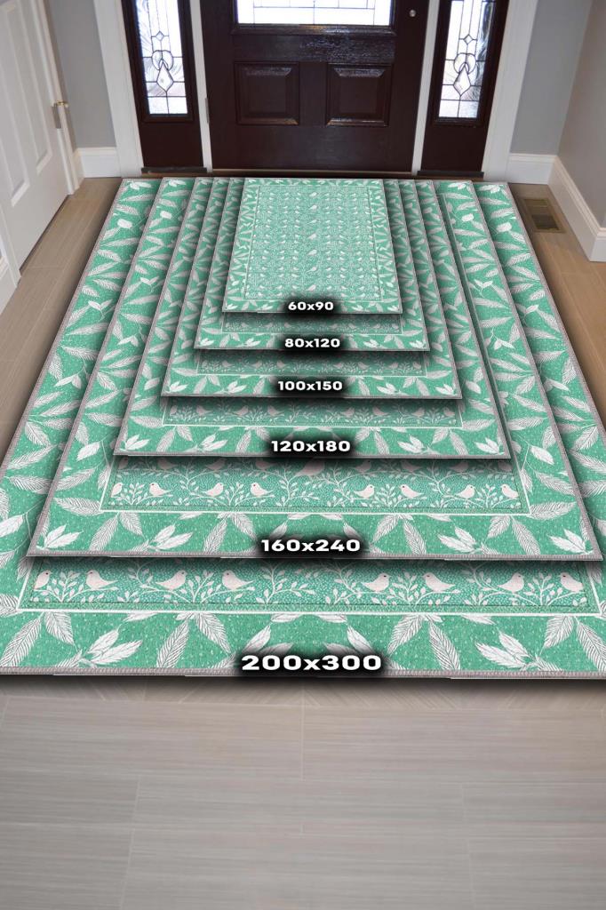 Kuş Motifli Ve Yaprak Desenli Pastel Orman Yeişili Oturm Odası Halısı, Bağ Evi Dekoru, Yıkanabilir Sanatsal Halı