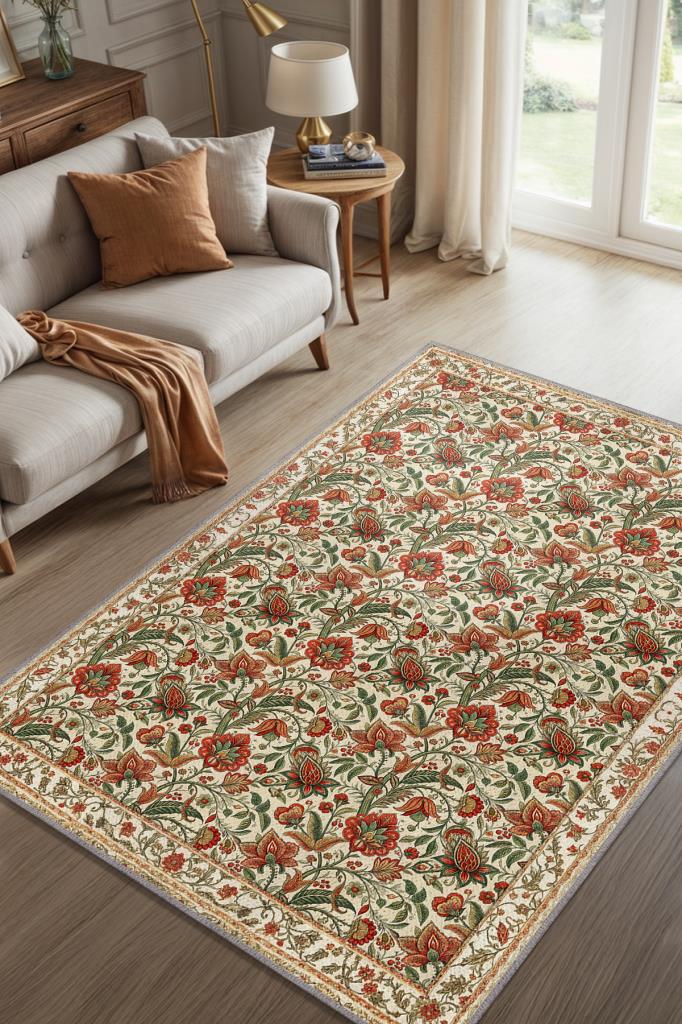 Lale Ve Nar Desenli Geleneksel Salon Halısı, Yıkanabilir Dokuma Pamuk Tabanlı Kaymaz Tabanlı Yatak Odası Halısı