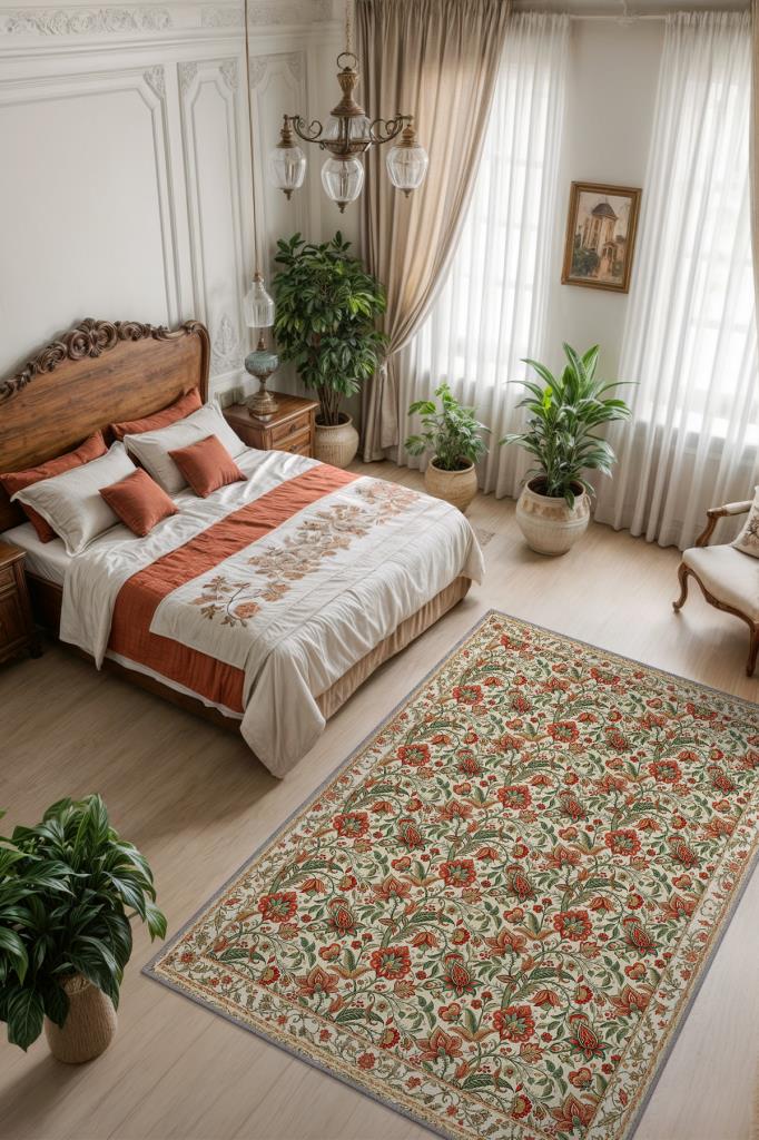 Lale Ve Nar Desenli Geleneksel Salon Halısı, Yıkanabilir Dokuma Pamuk Tabanlı Kaymaz Tabanlı Yatak Odası Halısı