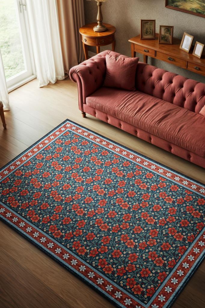 Mercan Kırmızısı Ve Mavi Çiçekli Halı, Vintage Maksimalist Ev Dekoru İçin Salon Halısı, Bohem Yatak Odası Halısı