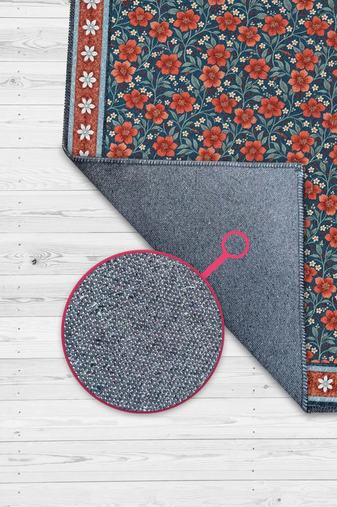 Mercan Kırmızısı Ve Mavi Çiçekli Halı, Vintage Maksimalist Ev Dekoru İçin Salon Halısı, Bohem Yatak Odası Halısı