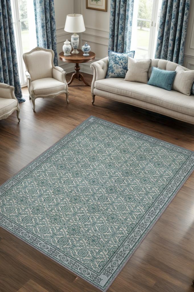 Min Yeşili Tonlu Mozaik Temalı Dekoratif Oturma Odası Halısı, Modern Salon Halısı, Makinede Yıkanabilir Halı