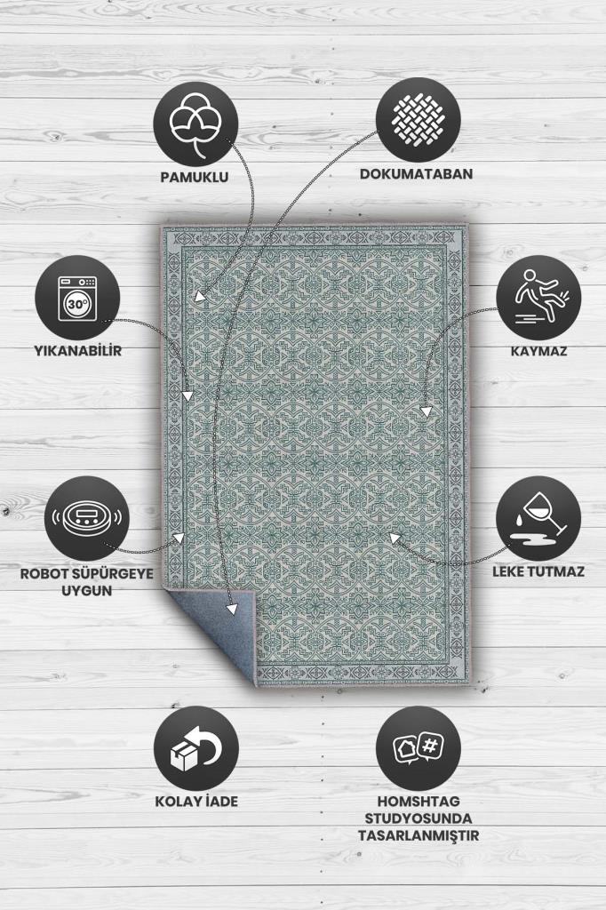 Min Yeşili Tonlu Mozaik Temalı Dekoratif Oturma Odası Halısı, Modern Salon Halısı, Makinede Yıkanabilir Halı