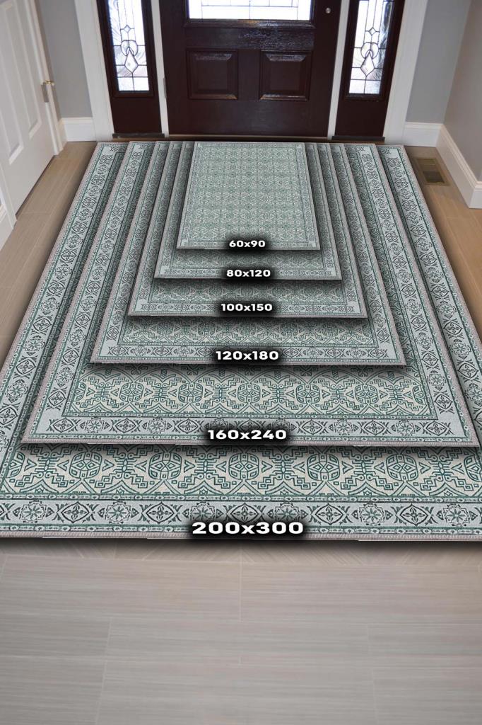 Min Yeşili Tonlu Mozaik Temalı Dekoratif Oturma Odası Halısı, Modern Salon Halısı, Makinede Yıkanabilir Halı