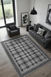 Modern Geometrik Gri Halı, Kareli Minimalist Ev Dekoru Halısı, Yıkanabilir Ekose Halı