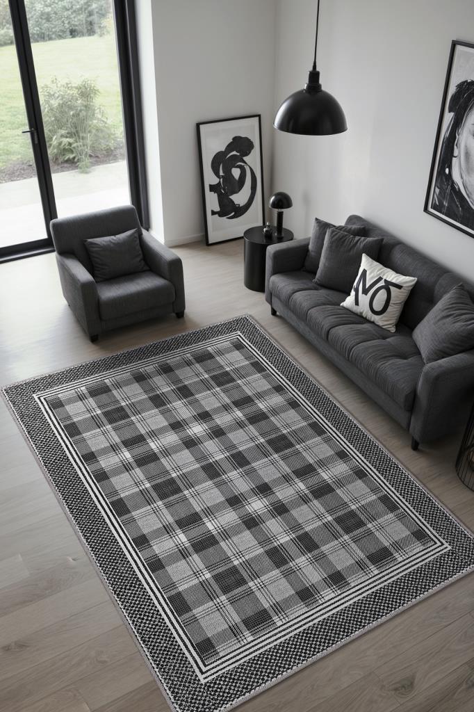 Modern Geometrik Gri Halı, Kareli Minimalist Ev Dekoru Halısı, Yıkanabilir Ekose Halı