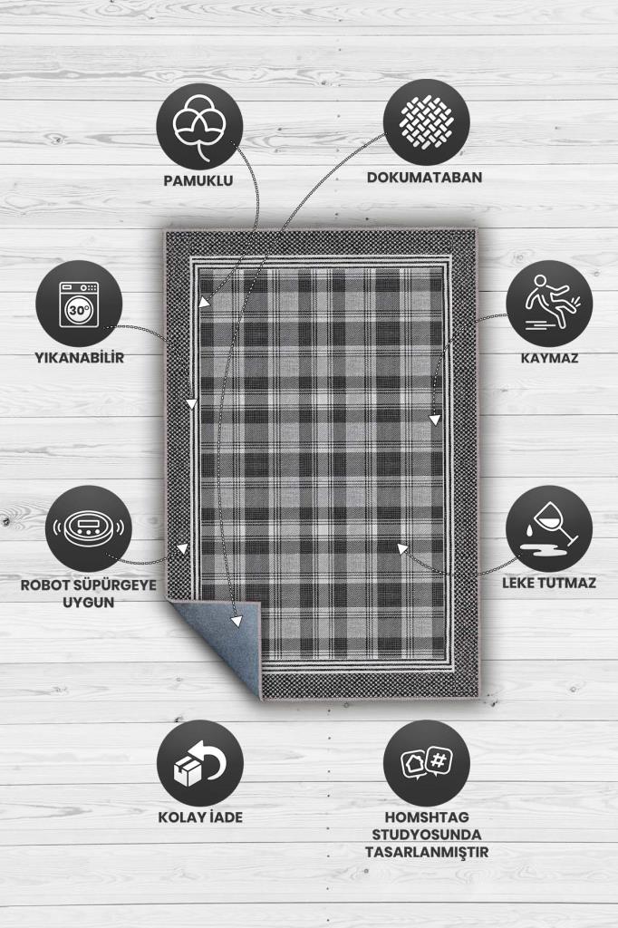 Modern Geometrik Gri Halı, Kareli Minimalist Ev Dekoru Halısı, Yıkanabilir Ekose Halı