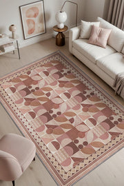 Modern Tarz Geometrik Desenli Halı, Soluk Pembe Mid-Century Halı, Minimal Ev Dekoru İçin Yıkanabilir Halı