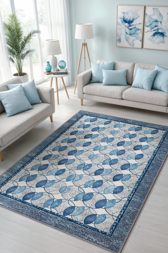 Modern Tarz Okyanus Temalı Geometrik Desenli Salon Halısı, Mavi Halı, Minimal Ev Dekoru, Yıkanabilir Halı