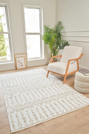 Moderno 3331 Beige-Weißer, gewebter Teppich mit Ethno-Muster für Wohnzimmer, Aufenthaltsraum, Küche - Staubfreier, maschinell gefertigter Teppich