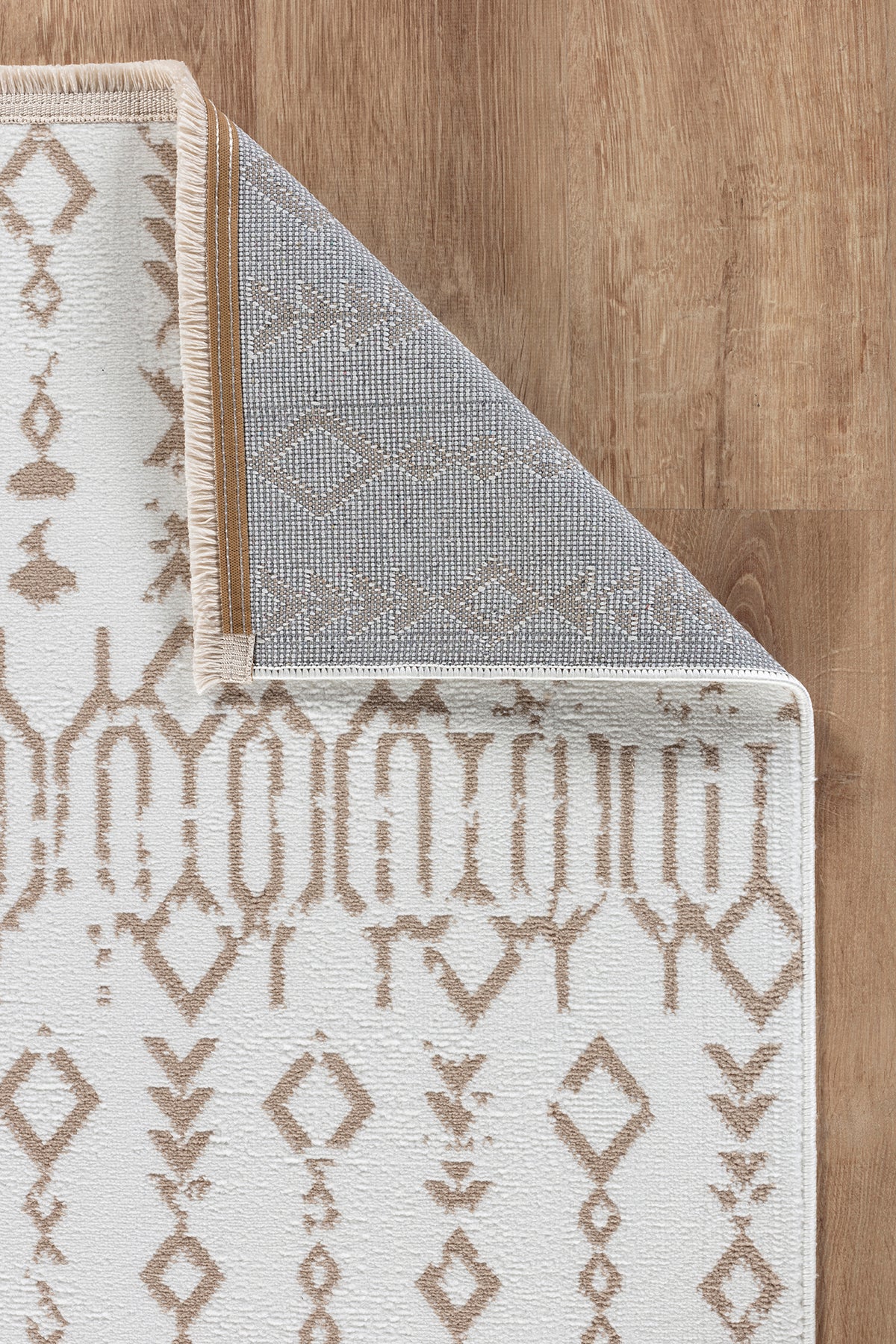 Moderno 3331 Beige White Ethnic Pattern Woven Rug for Living Room, Sitting Room, Kitchen - Dust-Free Machine-Made Rug