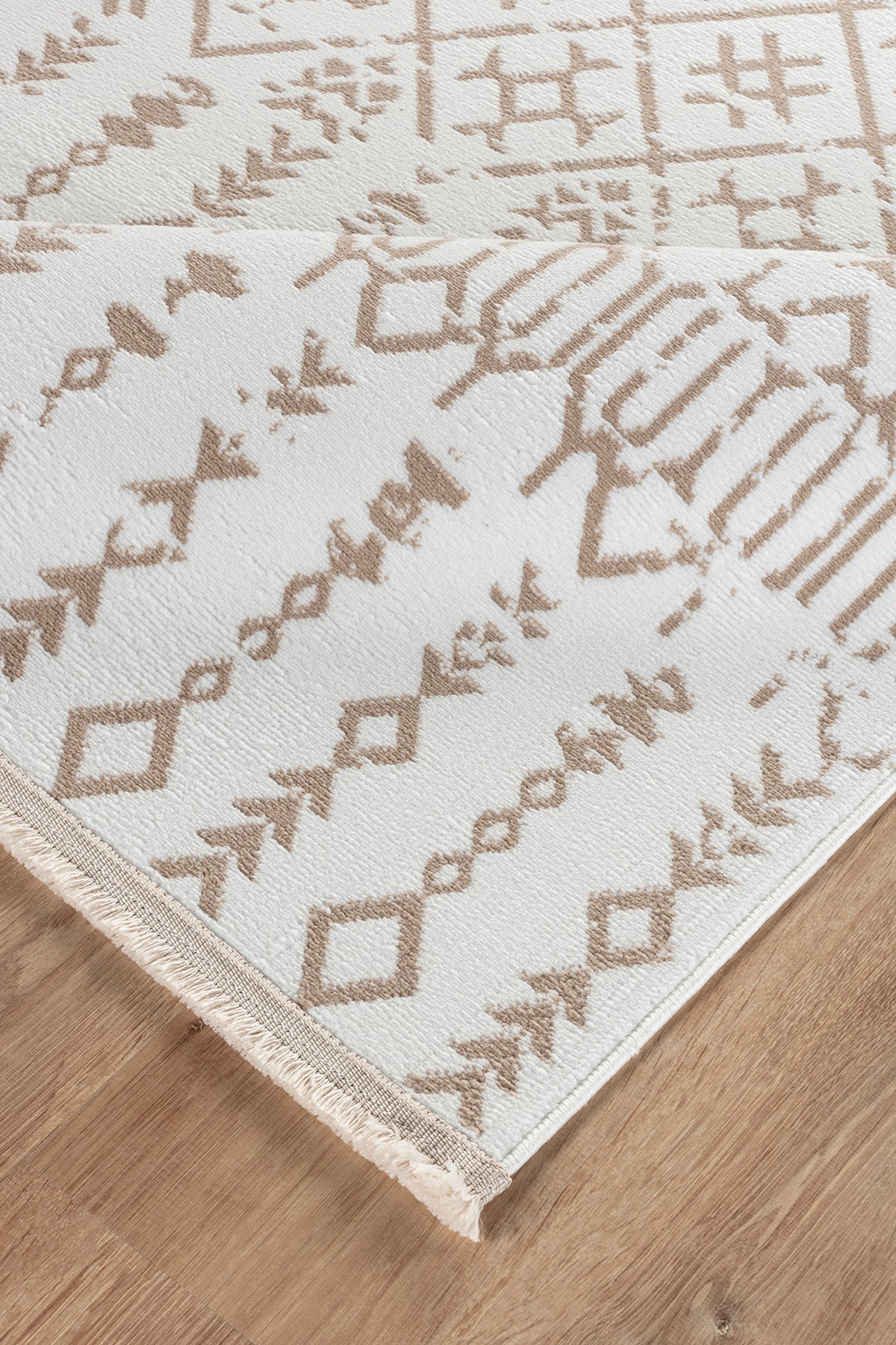 Moderno 3331 Beige-Weißer, gewebter Teppich mit Ethno-Muster für Wohnzimmer, Aufenthaltsraum, Küche - Staubfreier, maschinell gefertigter Teppich