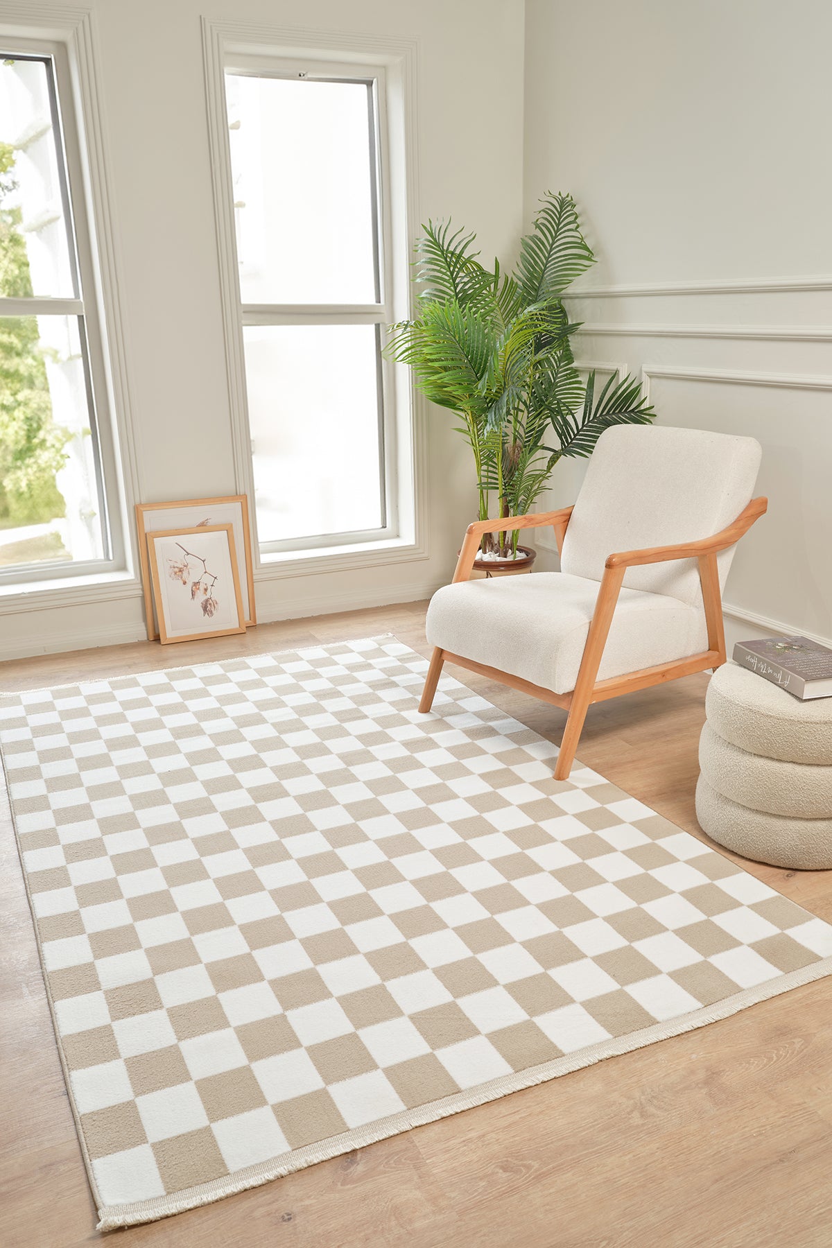 Moderno 3333 Bej Beyaz Damalı Dokuma Kareli Halı Salon Oturma Odası Mutfak Halısı Dama Desenli Tozumaz Makine Halısı