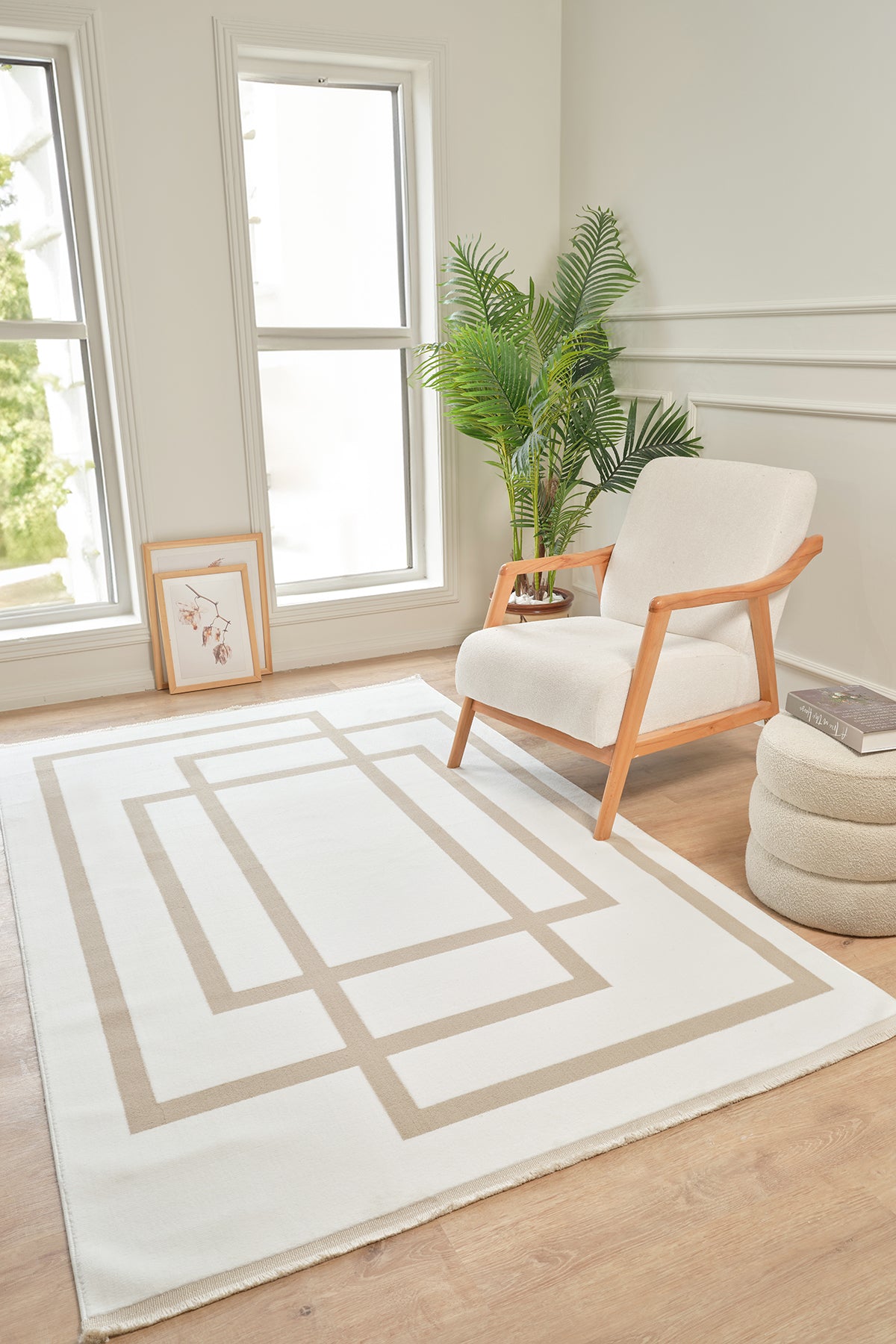 Moderno 3337 Bej Beyaz Çerçeve Desenli Dokuma Halı Salon Oturma Odası Mutfak Halısı Tozumaz Makine Halısı