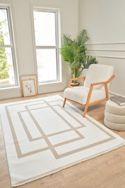 Moderno 3337 Bej Beyaz Çerçeve Desenli Dokuma Halı Salon Oturma Odası Mutfak Halısı Tozumaz Makine Halısı