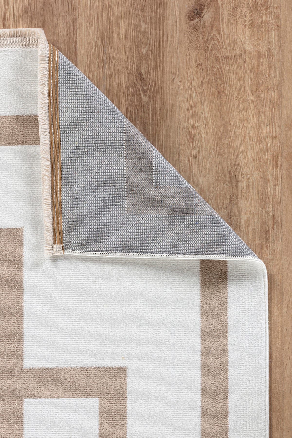 Moderno 3337 Bej Beyaz Çerçeve Desenli Dokuma Halı Salon Oturma Odası Mutfak Halısı Tozumaz Makine Halısı