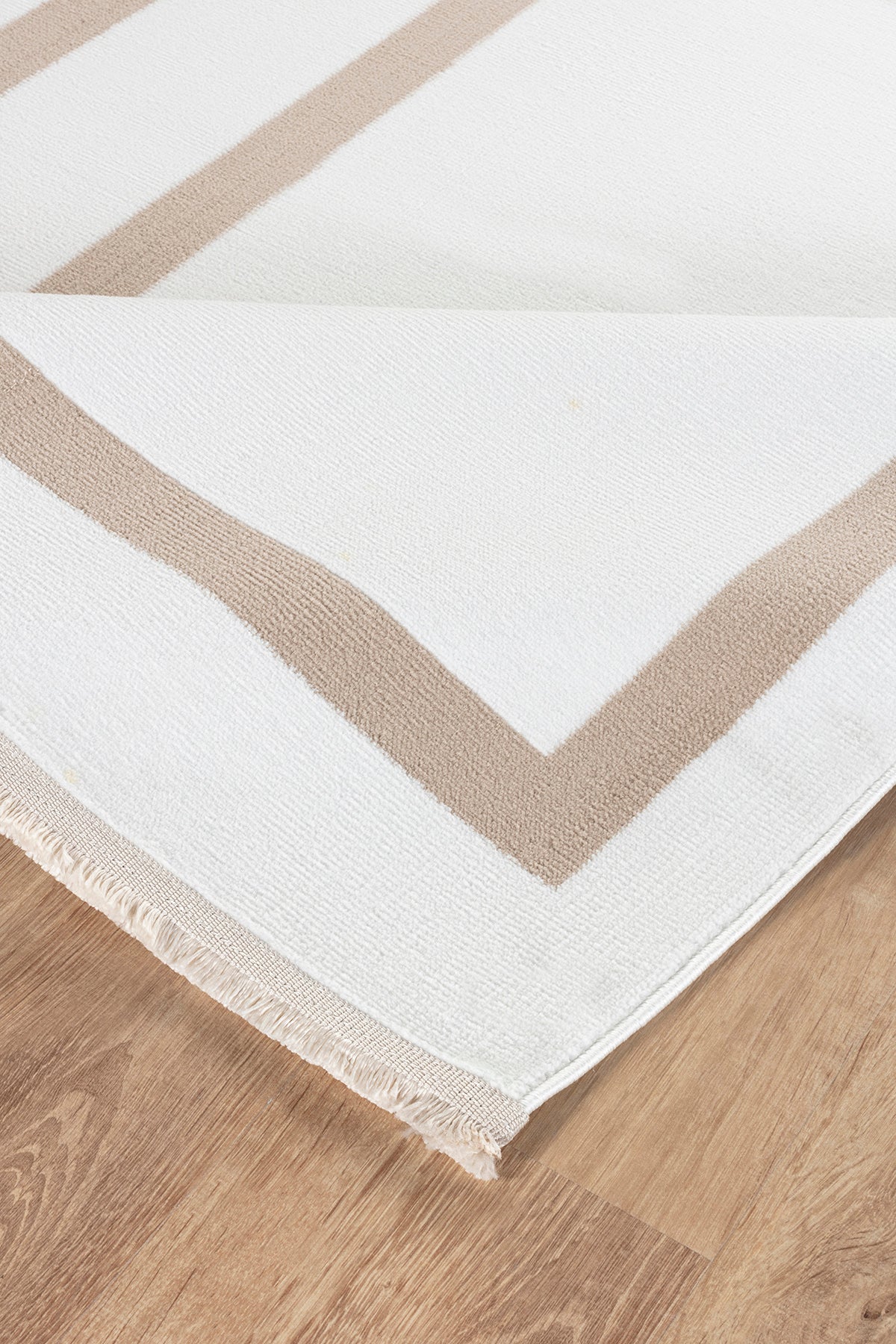 Moderno 3337 Bej Beyaz Çerçeve Desenli Dokuma Halı Salon Oturma Odası Mutfak Halısı Tozumaz Makine Halısı