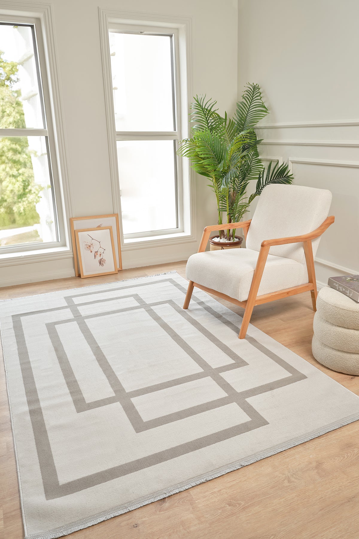 Moderno 3338 Gri Beyaz Çerçeve Desenli Dokuma Halı Salon Oturma Odası Mutfak Halısı Tozumaz Makine Halısı