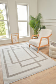 Moderno 3338 Gri Beyaz Çerçeve Desenli Dokuma Halı Salon Oturma Odası Mutfak Halısı Tozumaz Makine Halısı