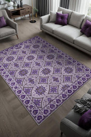 Mor Renkli Geomterik Madalyon Desenli Çiçekli Oturma Odası Halısı, Kaymaz Tabanlı Mutfak Halısı