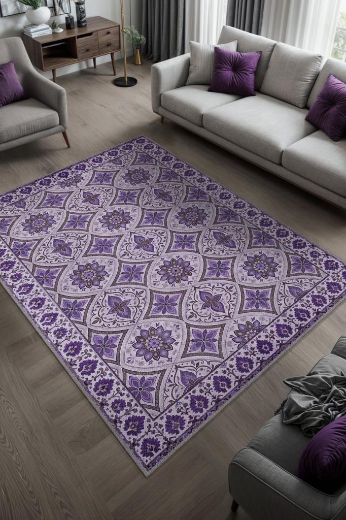 Mor Renkli Geomterik Madalyon Desenli Çiçekli Oturma Odası Halısı, Kaymaz Tabanlı Mutfak Halısı