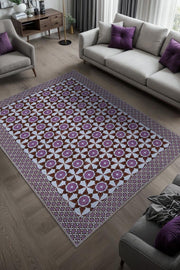 Mürdüm Eriği Renkli Geometrik Desenli Antik Salon Halısı, Yıkanabilir Mutfak Halısı, Oturma Odası Halısı