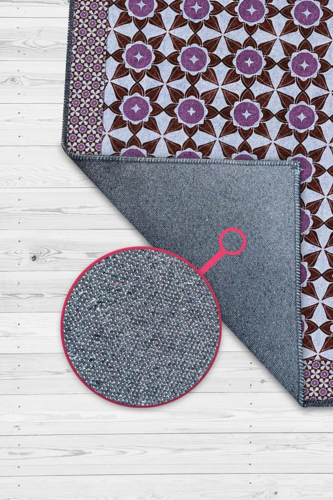 Mürdüm Eriği Renkli Geometrik Desenli Antik Salon Halısı, Yıkanabilir Mutfak Halısı, Oturma Odası Halısı