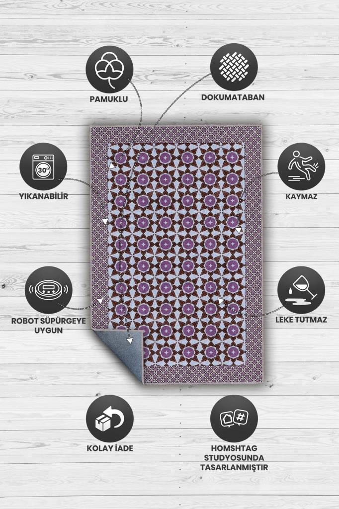 Mürdüm Eriği Renkli Geometrik Desenli Antik Salon Halısı, Yıkanabilir Mutfak Halısı, Oturma Odası Halısı