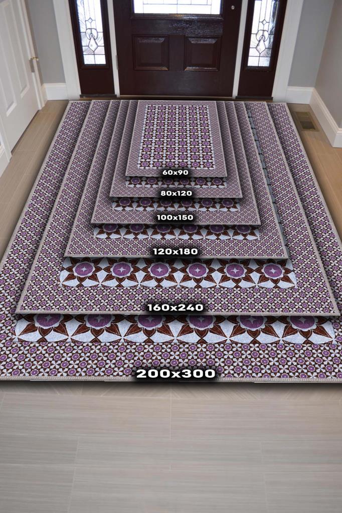 Mürdüm Eriği Renkli Geometrik Desenli Antik Salon Halısı, Yıkanabilir Mutfak Halısı, Oturma Odası Halısı