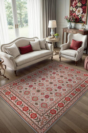 Nar Rengi Çiçek Figürlü Antik Halı, Geleneksel Tarz Makinede Yıkanabilir Halı