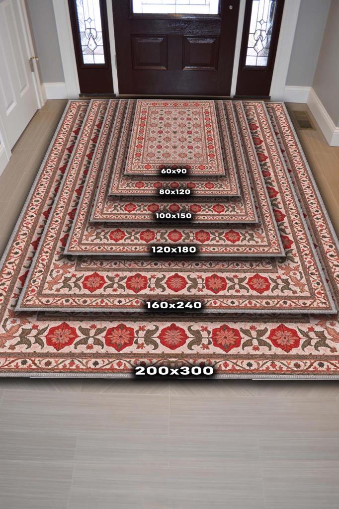 Nar Rengi Çiçek Figürlü Antik Halı, Geleneksel Tarz Makinede Yıkanabilir Halı