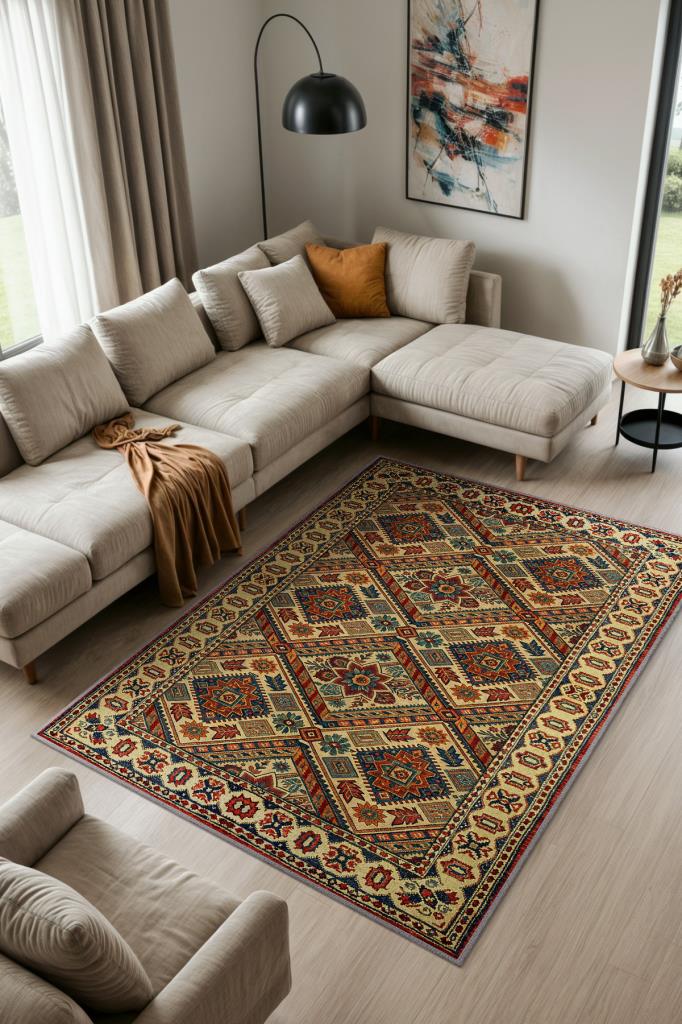 Orta Asya Tarihi Temalı Etnik Oturma Odası Halısı Yıkanabilir Salon Halısı
