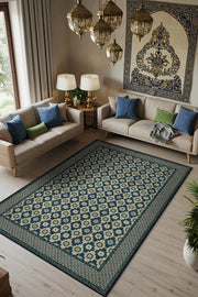 Osmanlı Çini Desenli Oturma Odası Halısı, Yeşil Mavi Lacivert Halı, Minimal Ev Dekoru, Yıkanabilir Dokuma Pamuk Tabanlı Halı