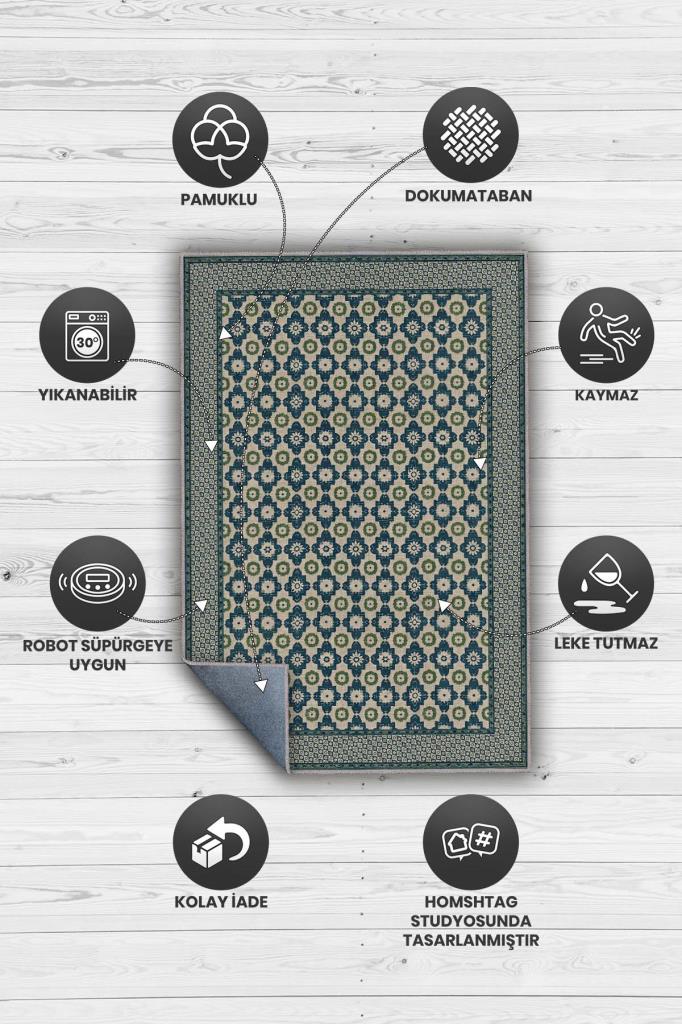 Osmanlı Çini Desenli Oturma Odası Halısı, Yeşil Mavi Lacivert Halı, Minimal Ev Dekoru, Yıkanabilir Dokuma Pamuk Tabanlı Halı