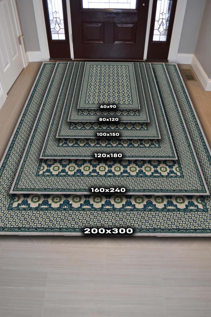 Osmanlı Çini Desenli Oturma Odası Halısı, Yeşil Mavi Lacivert Halı, Minimal Ev Dekoru, Yıkanabilir Dokuma Pamuk Tabanlı Halı