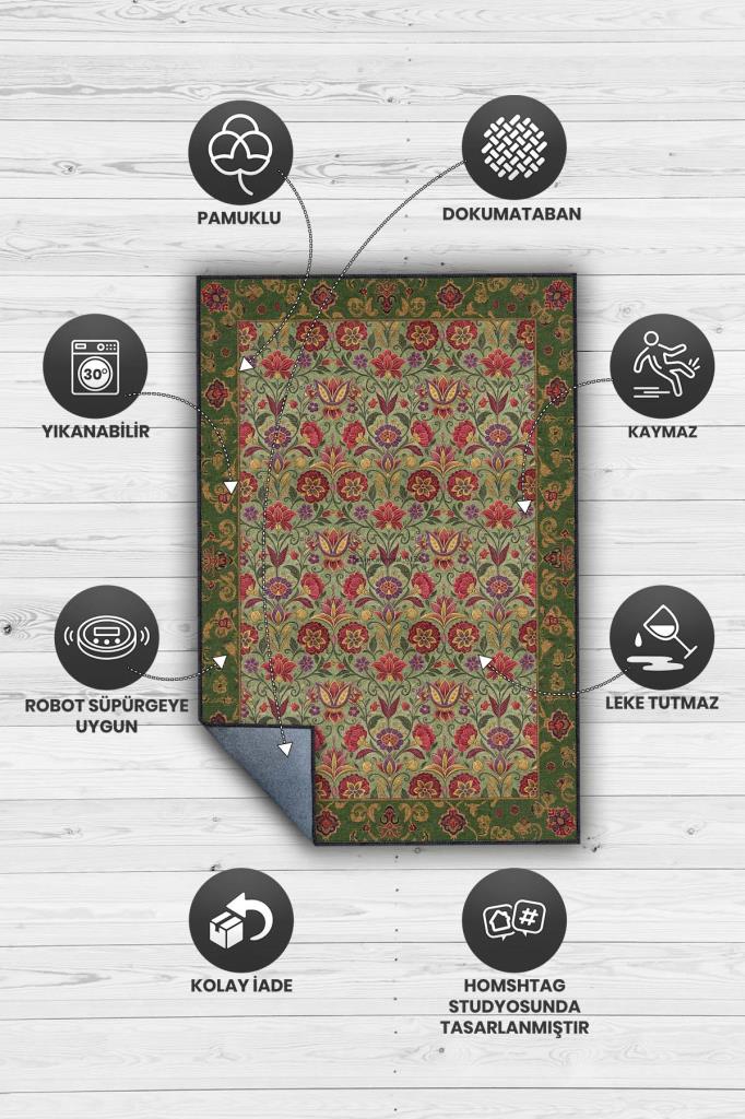 Osmanli Lale Bahçesi Desenli Maksimalist Oda Dekoru Halısı, Çiçekli Halı, Çok Renkli Geleneksel Halı