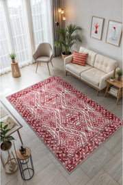 Osmanlı Sanatı Desenli Kırmızı Antik Halı, Geleneksel Bordürlü Yıkanabilir Salon Halısı