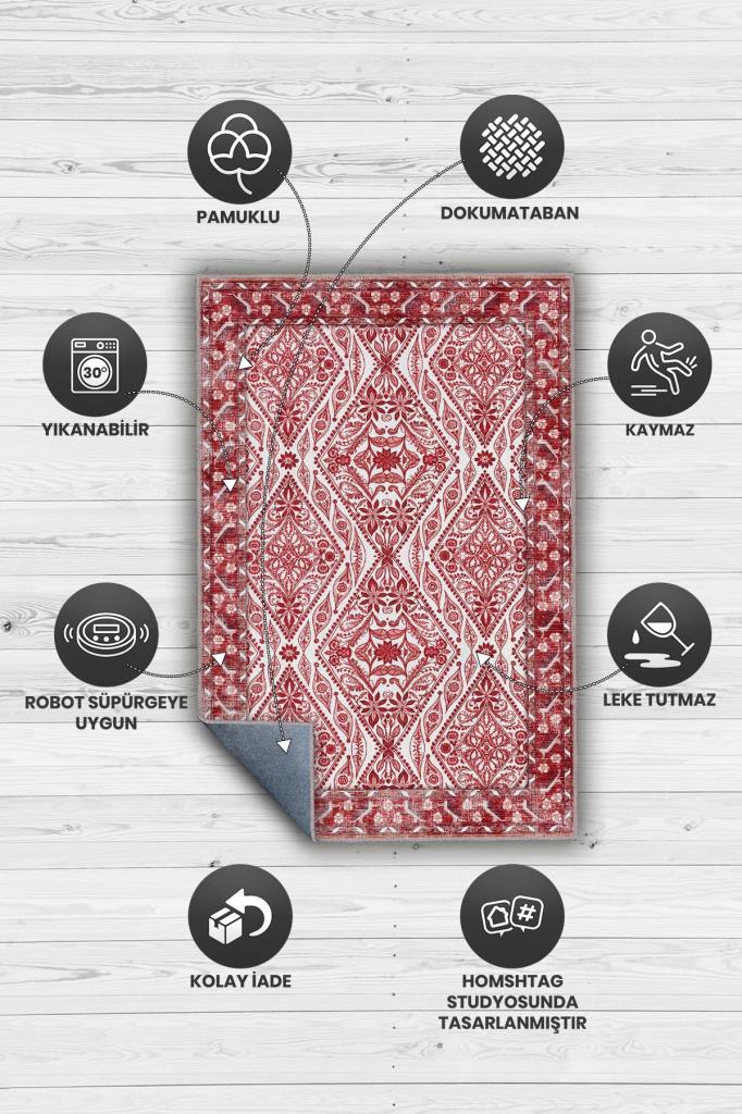 Osmanlı Sanatı Desenli Kırmızı Antik Halı, Geleneksel Bordürlü Yıkanabilir Salon Halısı