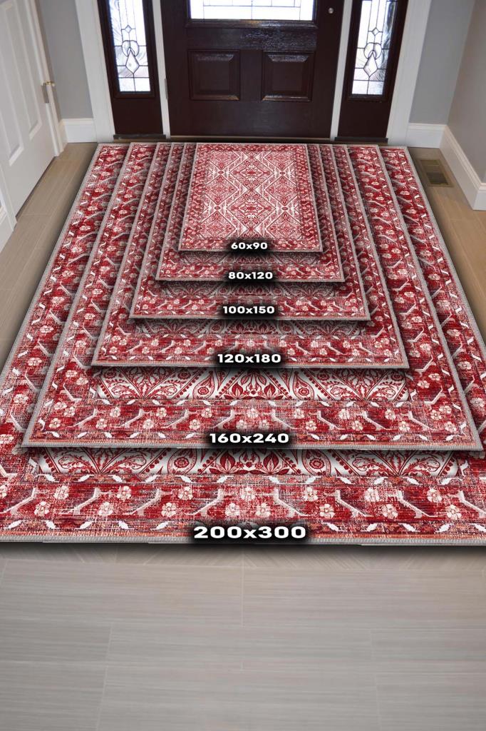 Osmanlı Sanatı Desenli Kırmızı Antik Halı, Geleneksel Bordürlü Yıkanabilir Salon Halısı